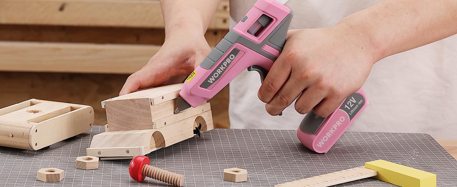 #BacktoSchool WORKPRO Full Size Cordless Hot Melt Glue Melter - 12V Rechargeable Fast Preheating Glue Melter Kit with 15 counts Full Size Glue Sticks, Auto Power-off Glue Melter for DIY Project, Art, Craft