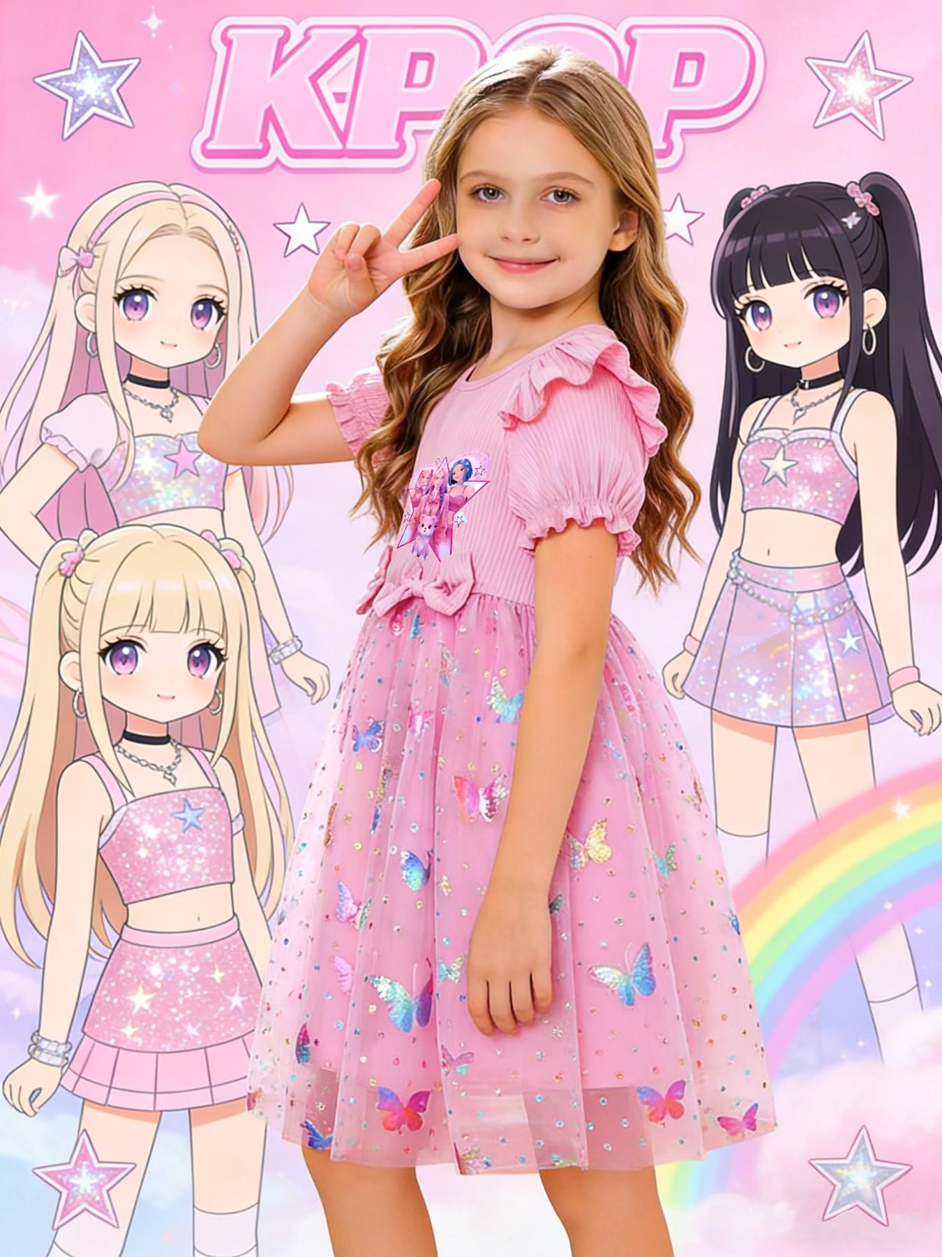 K-Pop Girl Group Sweet Style Girls' Dress, Flutter Sleeve Bow K-Pop Print, Summer Mesh Princess Dress, Cute Floral Pattern, Slim-Fitting