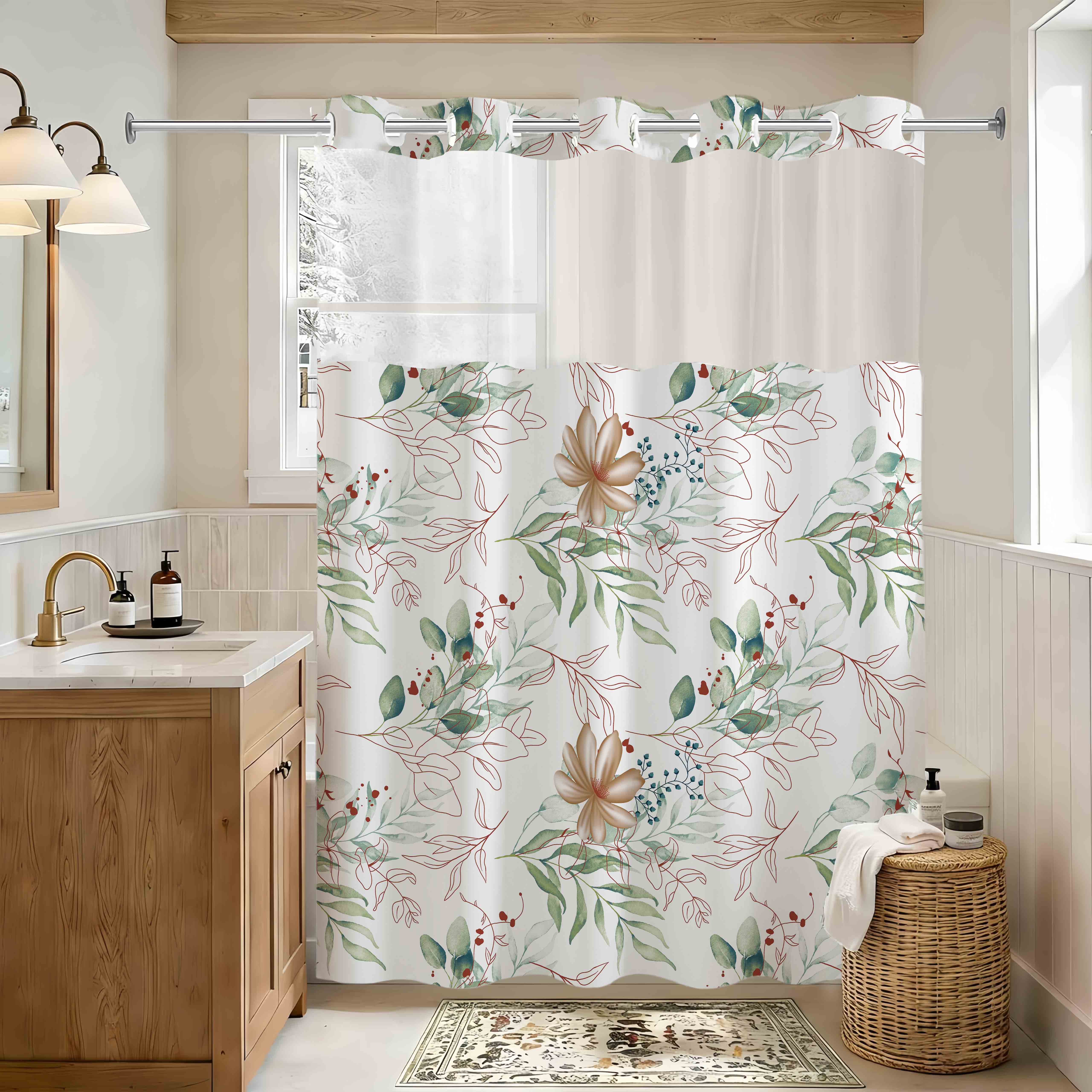 Double Layer Shower Curtain, Eucalyptus Leaf Theme, Waterproof, No Hooks, Easy Installation, Rustic Style, Hotel, Dorm, Home Decor, Decorative Shower Curtain, Bathroom Shower Curtains