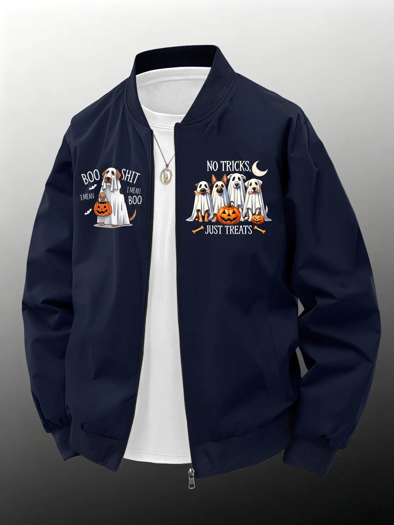 Halloween Cute Puppy Ghost Jacket Print, Adorable Dog in Ghost Cloak, Pumpkin Moon Fun Slogan, Trendy and Eye-Catching Outerwear