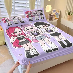 3-Piece K-pop Anime Girl Group Chibi Fitted Sheet Set, 1 Fitted Sheet + 2 Pillowcases, Soft Comfortable Breathable Fabric, Deep Pocket Non-Slip Mattress Cover, All Season Kawaii Bedding, Ideal for Kids Girls Teens Bedroom Decor or Gift