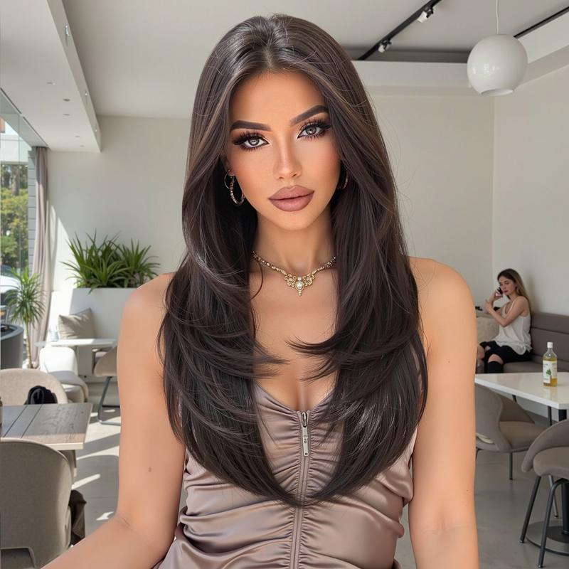 13x6 HD Transparent Lace Front Wig 22Inch Deep Brown Color Synthetic Lace Wig Glueless Lace Wig High Temperature Chemical Fiber Daily Wear&Christmas&Music Festival&Party&Halloween-Natural Look & Comfort Fit