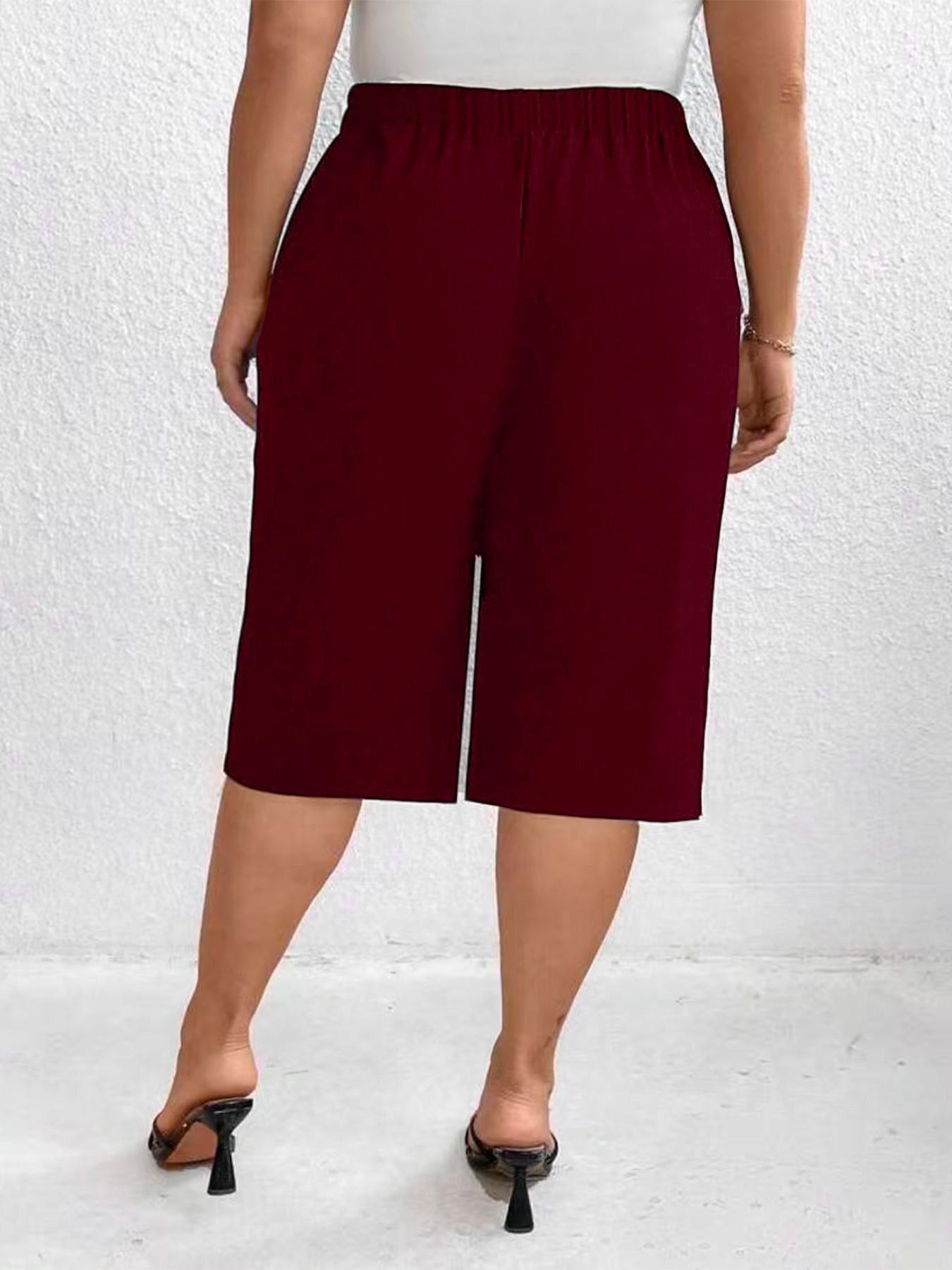Elegant Plus Size Solid Color Elastic Waist Fitted Slant Pocket 7/8 Pants, Casual Fitted Bottoms, Comfortable High Stretch Women's Casual Trousers