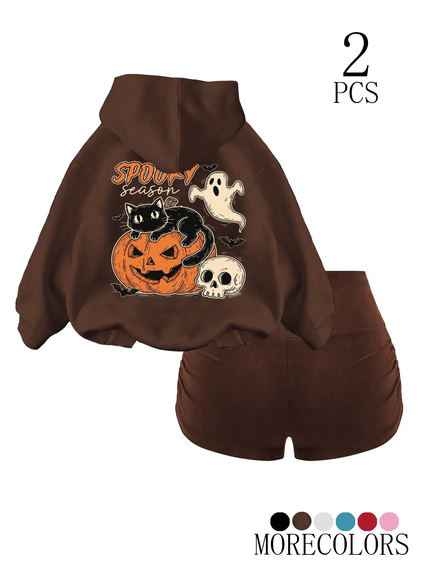Women's Halloween Spooky Season 2 Pcs Set, Vintage Retro Hoodie & Shorts, Cute Print Loungewear, Cozy Soft Fabric, Loose Fit
