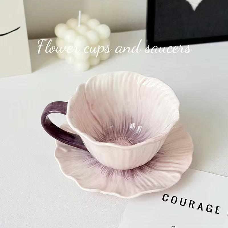 Elegant Coffee Cup Set for Women, Unique Design Ceramic Espresso Cups & Saucers, Perfect Gift for Afternoon Tea, Ceramic Matcha Set