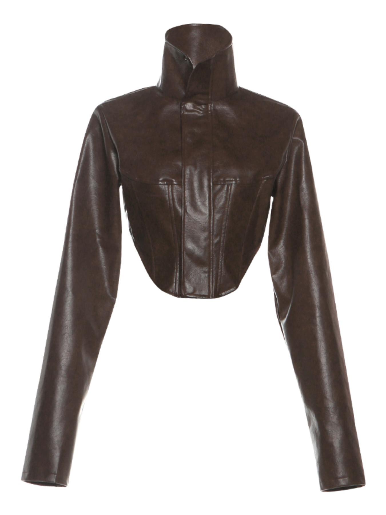 Women's High Neck PU Leather Jacket, Slim Fit Short Zipper Coat, Fall & Winter Fashion Outerwear, Casual Chic Stylish Design, Womenswear