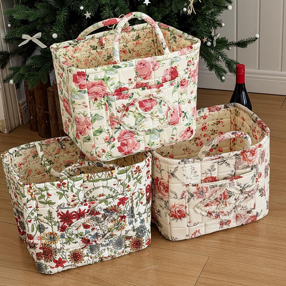 Large Flower Series Retro Floral Quilted Storage Basket, Foldable Fabric Handheld Basket, Home Organizer for Clothes and Toys, Space-Saving Spliced Retro Floral Storage Bin, Foldable Organizer for Storing Clothes, Towels, Toys, Travel and Picnic Supplies