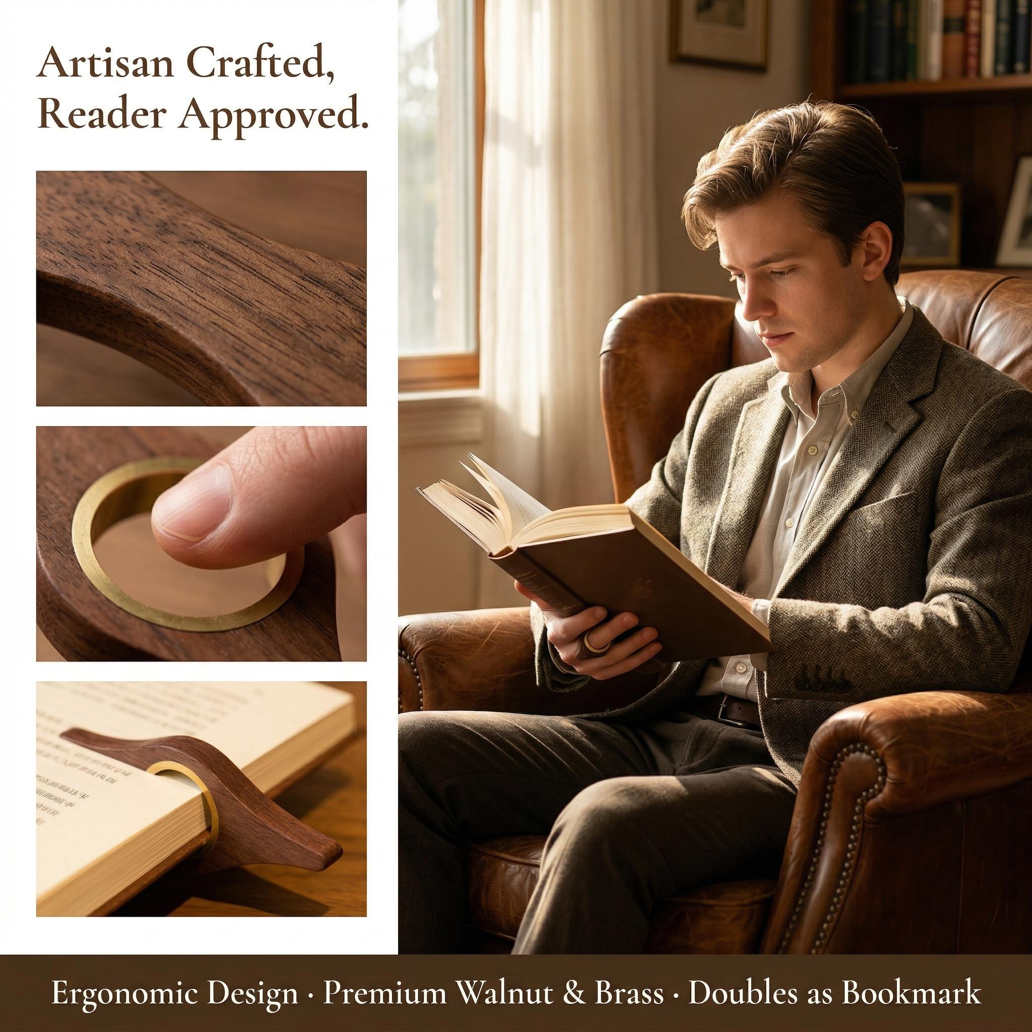 Solid Walnut Wood Book Page Holder with Brass Ring Ergonomic Thumb Reading Ring Aesthetic BookTok Accessories Gifts for Readers Handcrafted Wooden Thumb Page Holder for One-Handed Reading giftforher mini gift gift for him/her