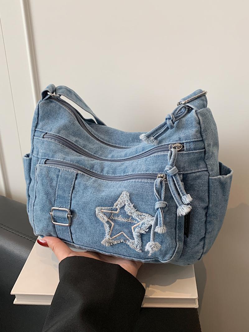 Fashion trend casual Joker shoulder messenger bag, Denim messenger bag, niche design retro wash jeans craft commuter shoulder messenger bag, personality versatile  multi-zipper design suitable for student ， shopping， trips and so on.