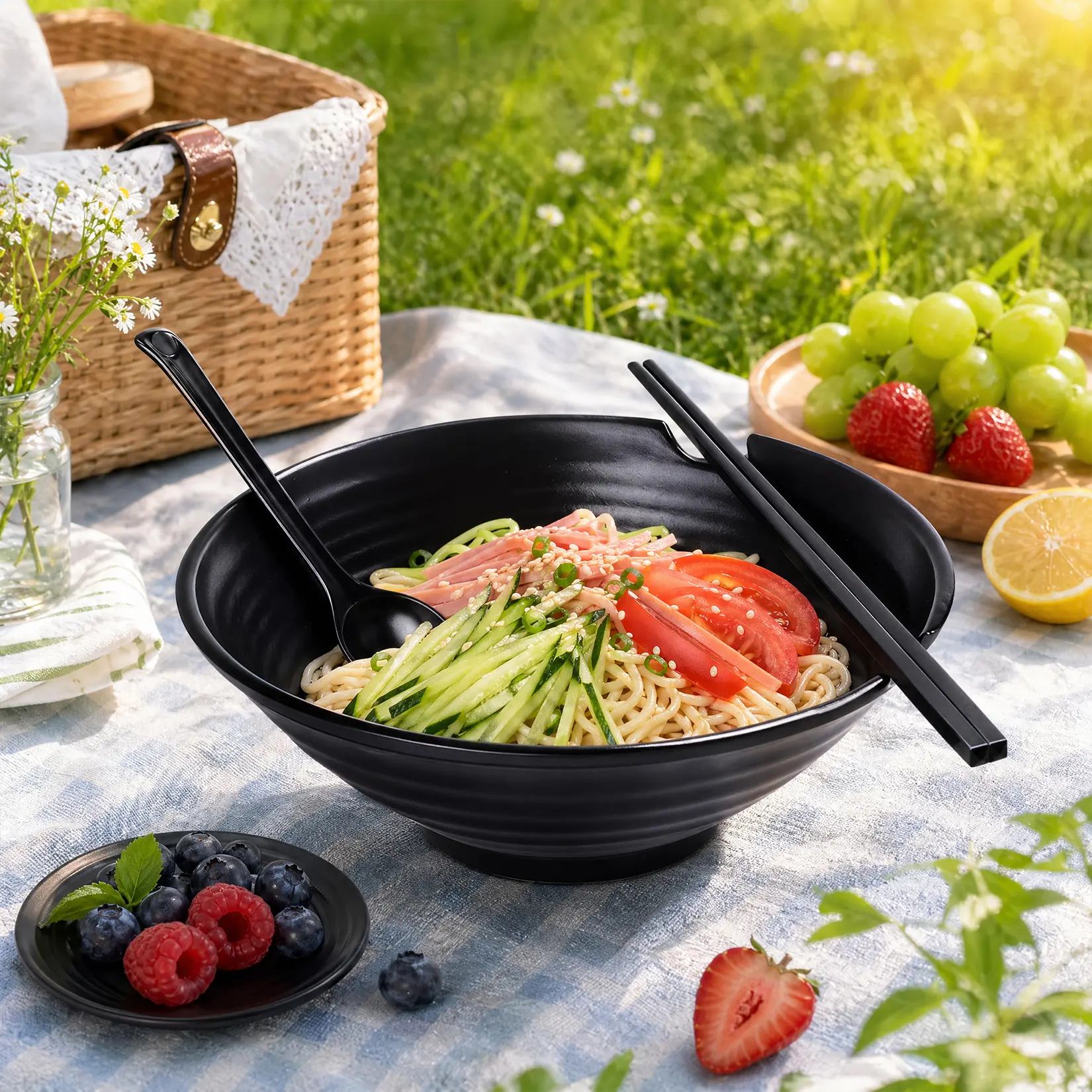 4-Piece Ramen Bowl Set – Melamine Dinnerware with Plate, Chopsticks & Spoon, Japanese Textured Black Finish, for Ramen, Udon, Pho & Soba