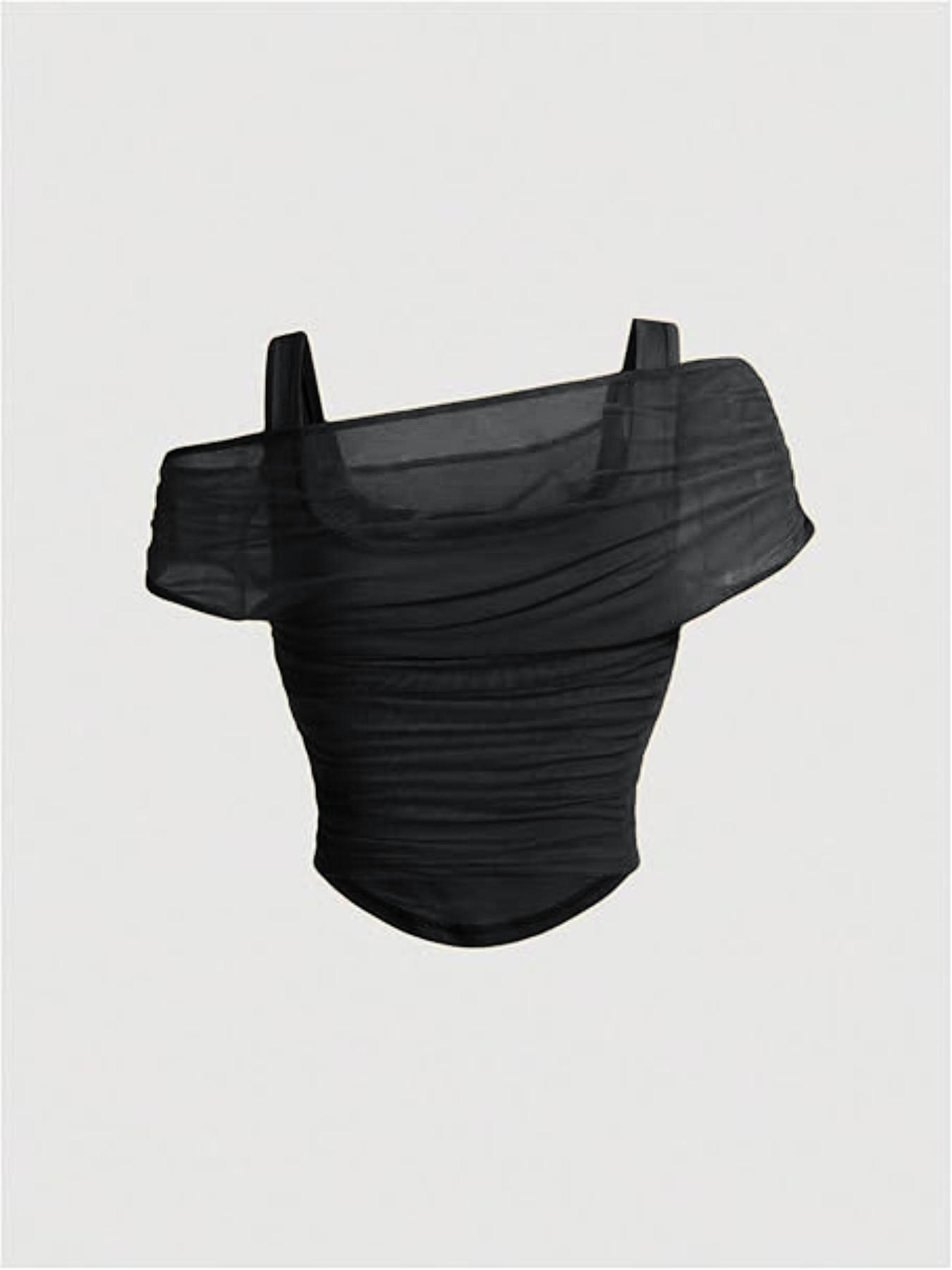 Women's Asymmetric Neckline Ruched Crop Top - Trendy Mesh Blouse for Club, Date Night & Vacation