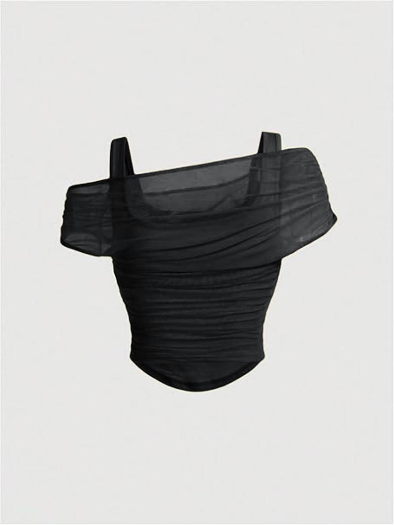 Valentine's Day Women's Asymmetric Neckline Ruched Crop Top - Trendy Mesh Blouse for Club, Date Night & Vacation