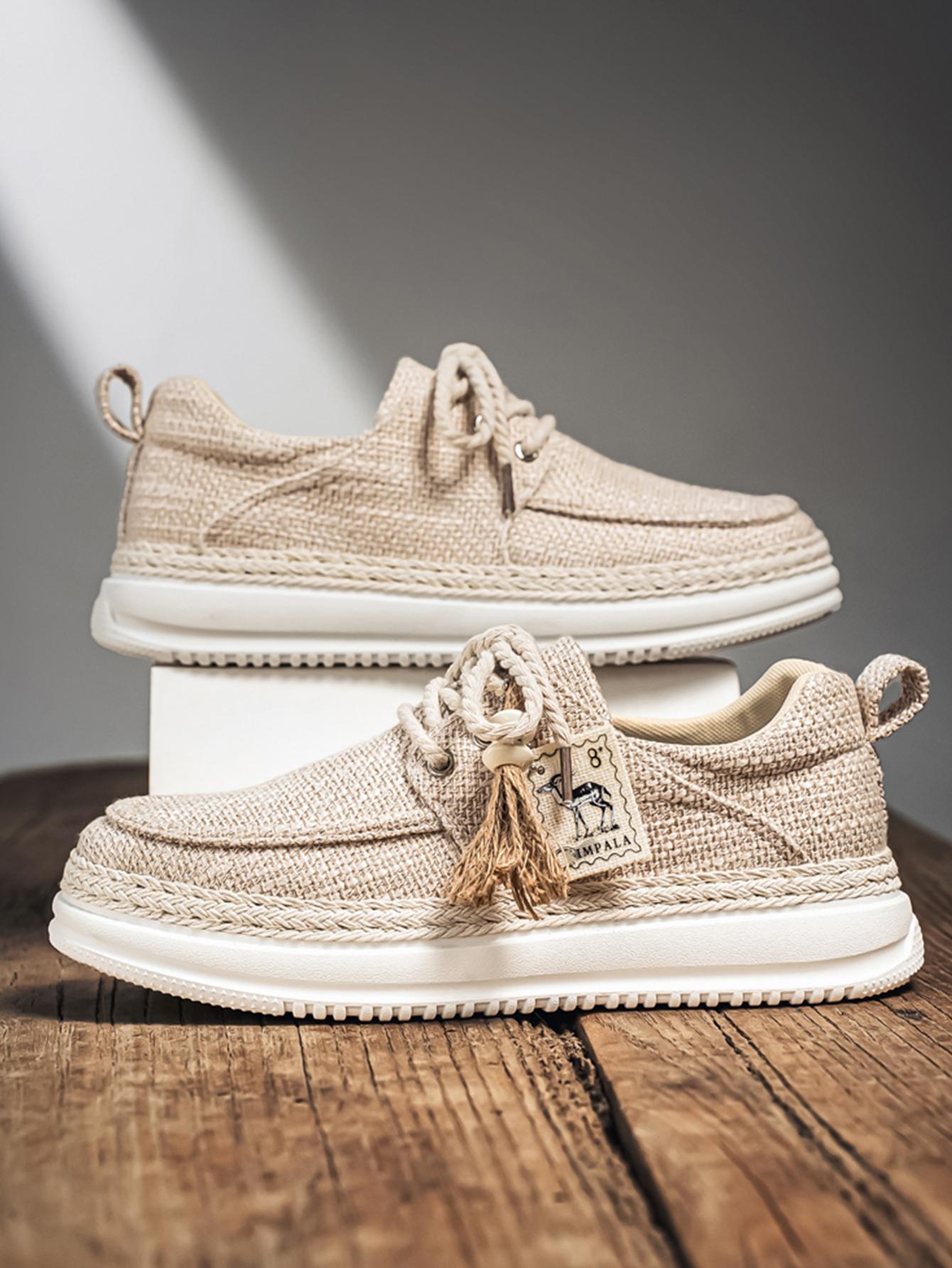 New Summer Men's Cotton Linen Shoes, Breathable Non-Stuffy, Straw Trim Fringe Design, Casual Retro Style, Perfect for Daily Wear