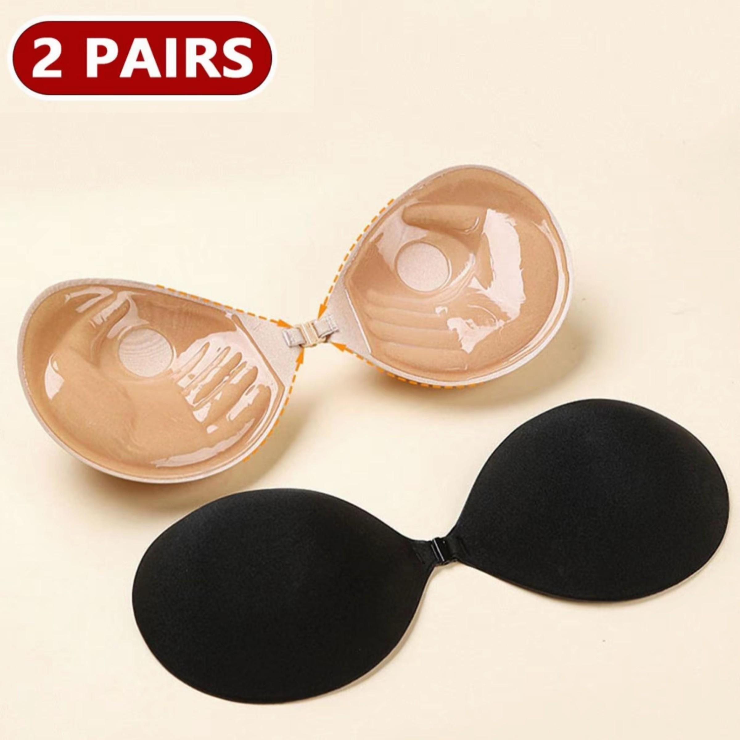 2 Pairs Front Buckle Push Up Invisible Adhesive Bra, Strong Adhesive Anti Slip Gathering Bust Lifter Strapless Nipple Covers Black & Nude For Wedding Party Evening Dress Daily Outfit Front Pushup Non Slip Bra