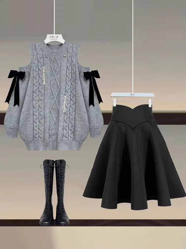 Fall Winter 2 Pieces set For Women Sweet Bow Off The Shoulder Vintage Twist Knitwear Pullover Sweater and Irregular High Waist A-line Skirt Sets Autumn Warm Kawaii Outfits