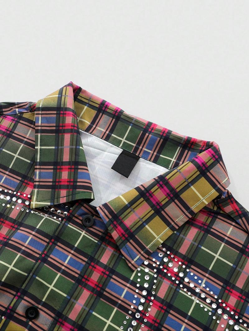 Men's plaid shirt, adorned with rhinestones, long sleeves, American urban style, Casual street style