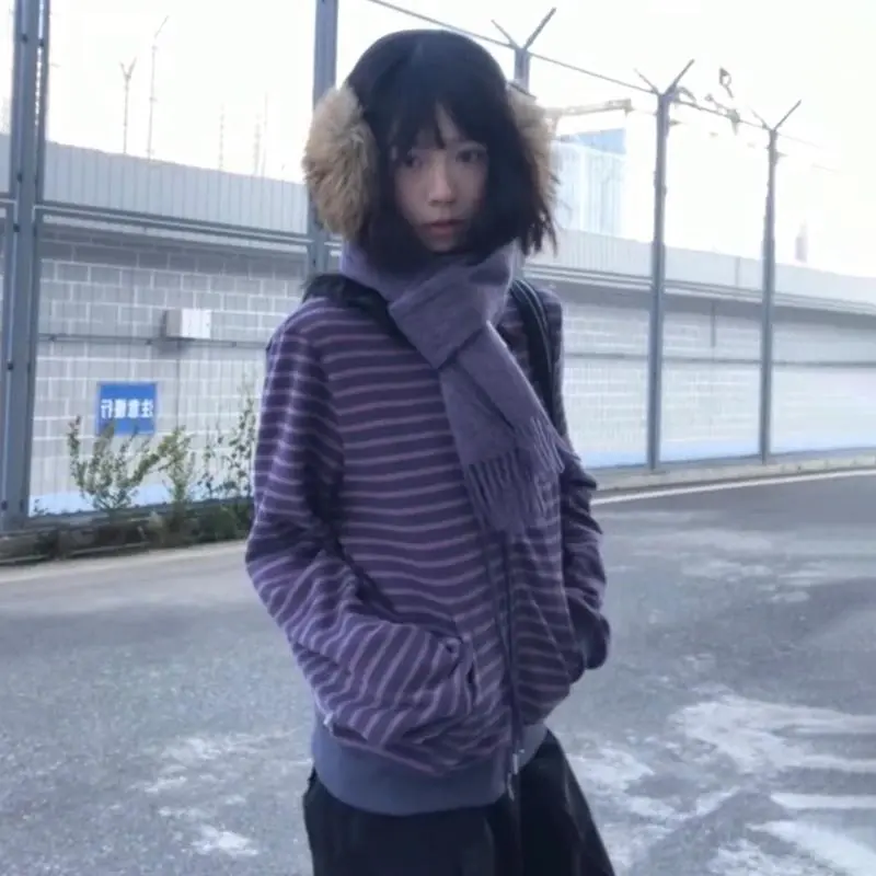 Karrram Japanese Y2k Purple Striped Cardigan 2000s Style Turtleneck Knitted Jacket Vintage Harajuku Zipper Knitwear Korean 90s