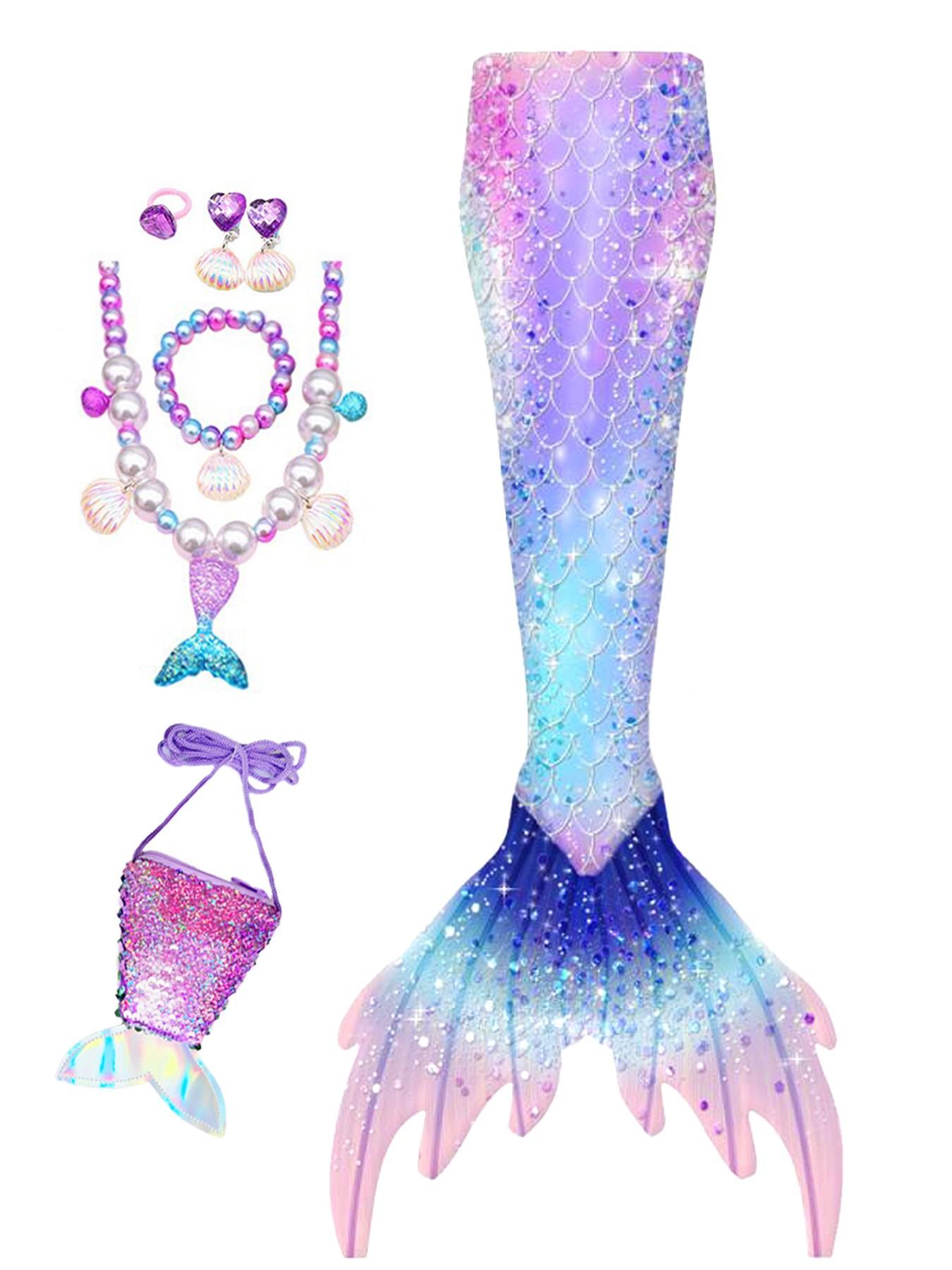 Girls Mermaid Tail Swimsuit, Sweet and Cute High Elastic Fabric for Heights 110-150cm, Includes Accessories for Beach Parties.Including a  mermaid tail bag, necklace, bracelet, earrings and a ring. Excluding tops, pants and black flippers.