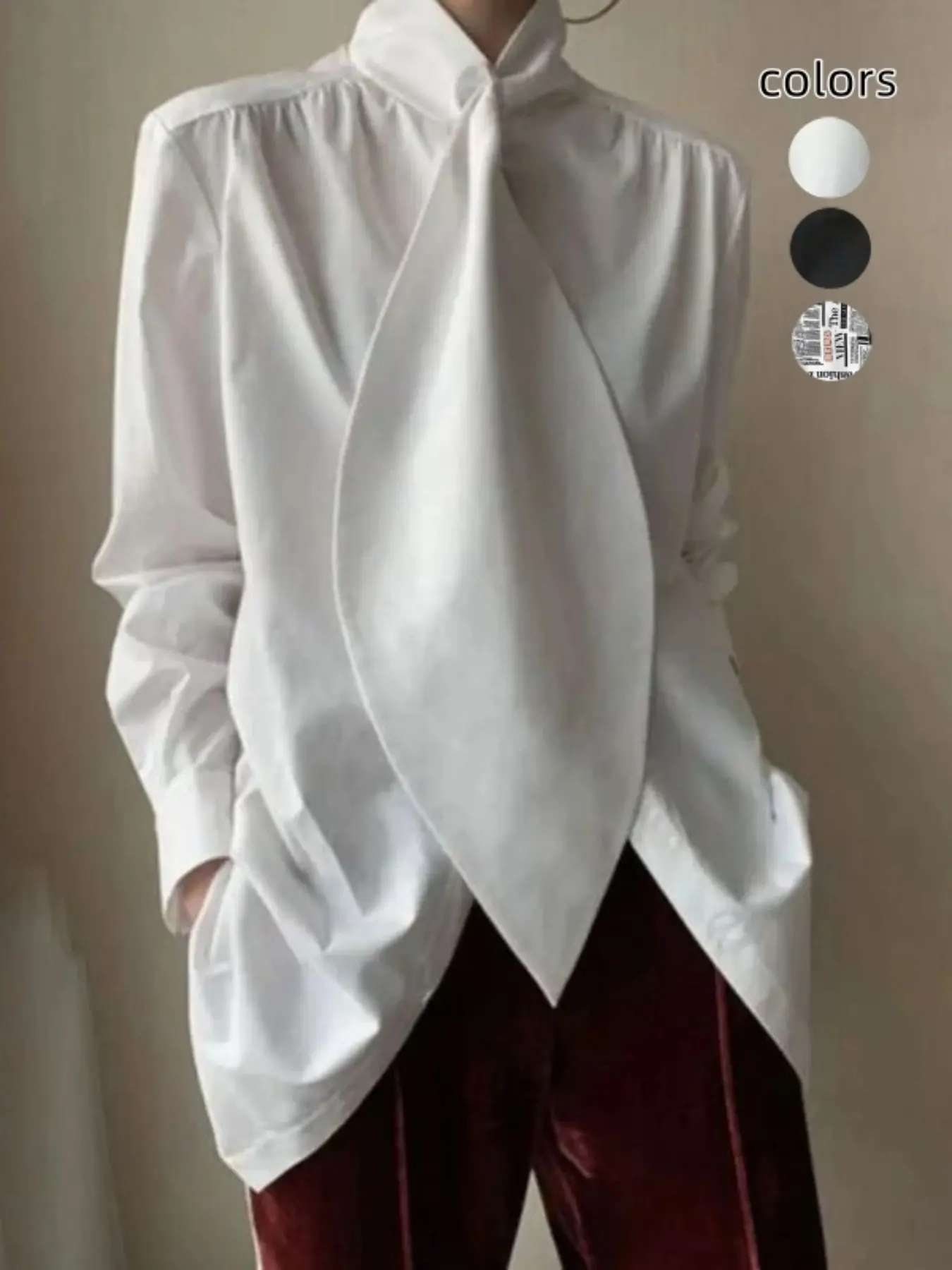 Women's Solid Color Long Sleeve High Neck Shirt, Versatile Large Bow Tie Top, Elegant Ladies Blouse for Any Occasion, Casual Bishop Sleeve, Blouse Shirts