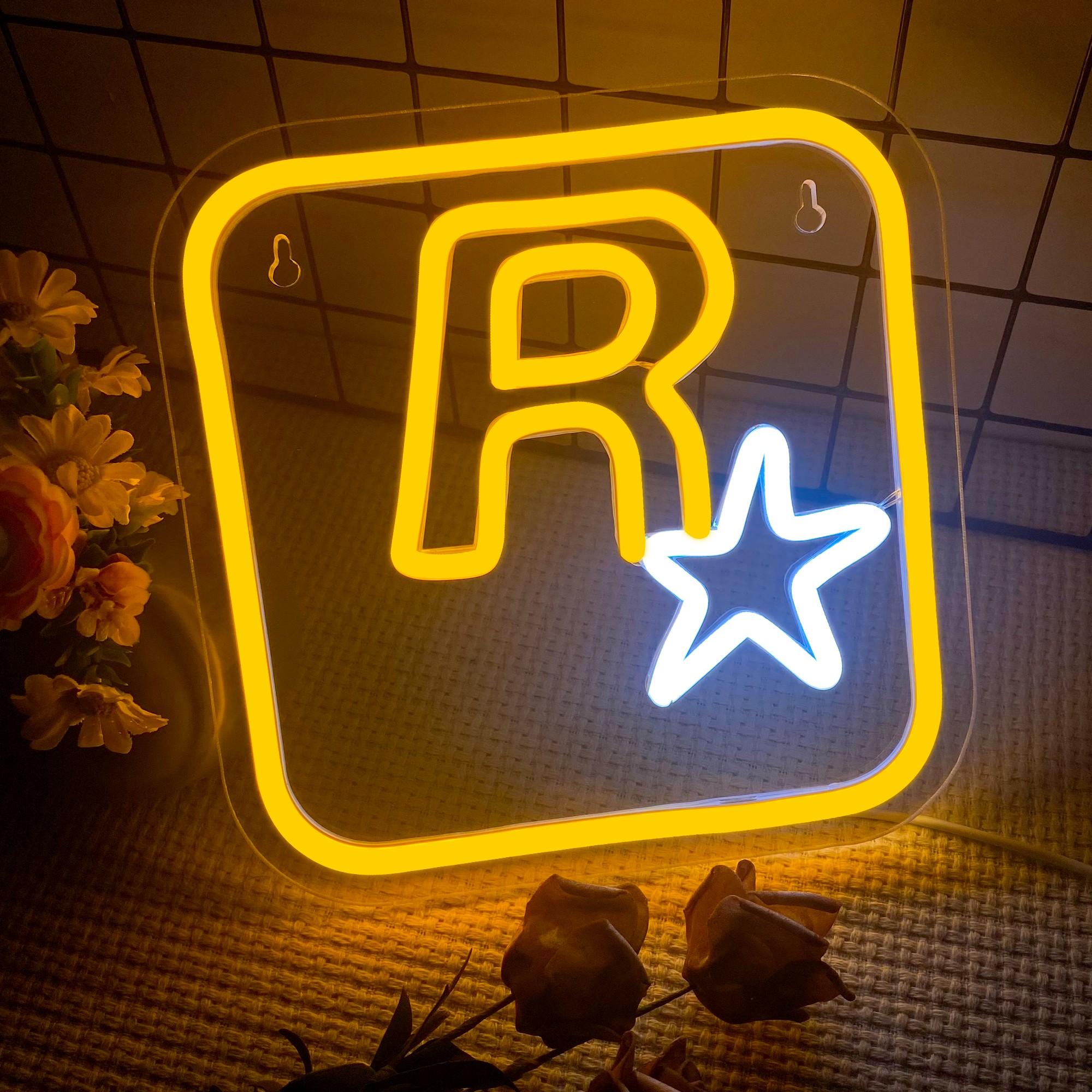 R Star Neon Sign, USB Powered Neon Sign, Novelty Lighting for Game Room, Entertainment Room, Bar, Party Home Decor Wall Art Decoration, Ambient Night Lights