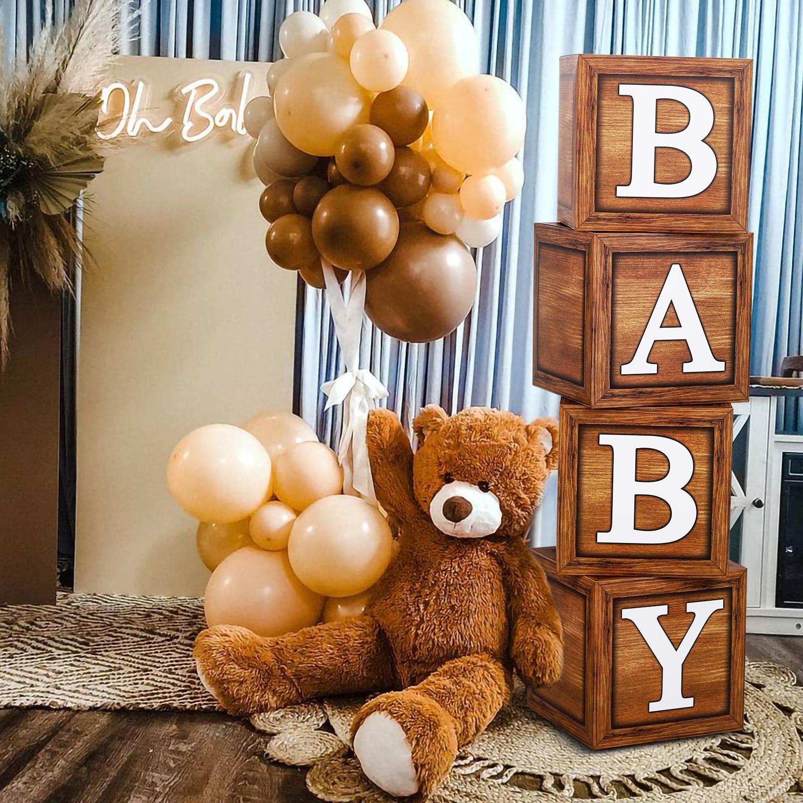 Wood Grain Printing Baby Shower Display Boxes Decoration, Neutral Gender Reveal Backdrop Brown Baby Stacking Blocks Backdrop for Kids Birthday Party