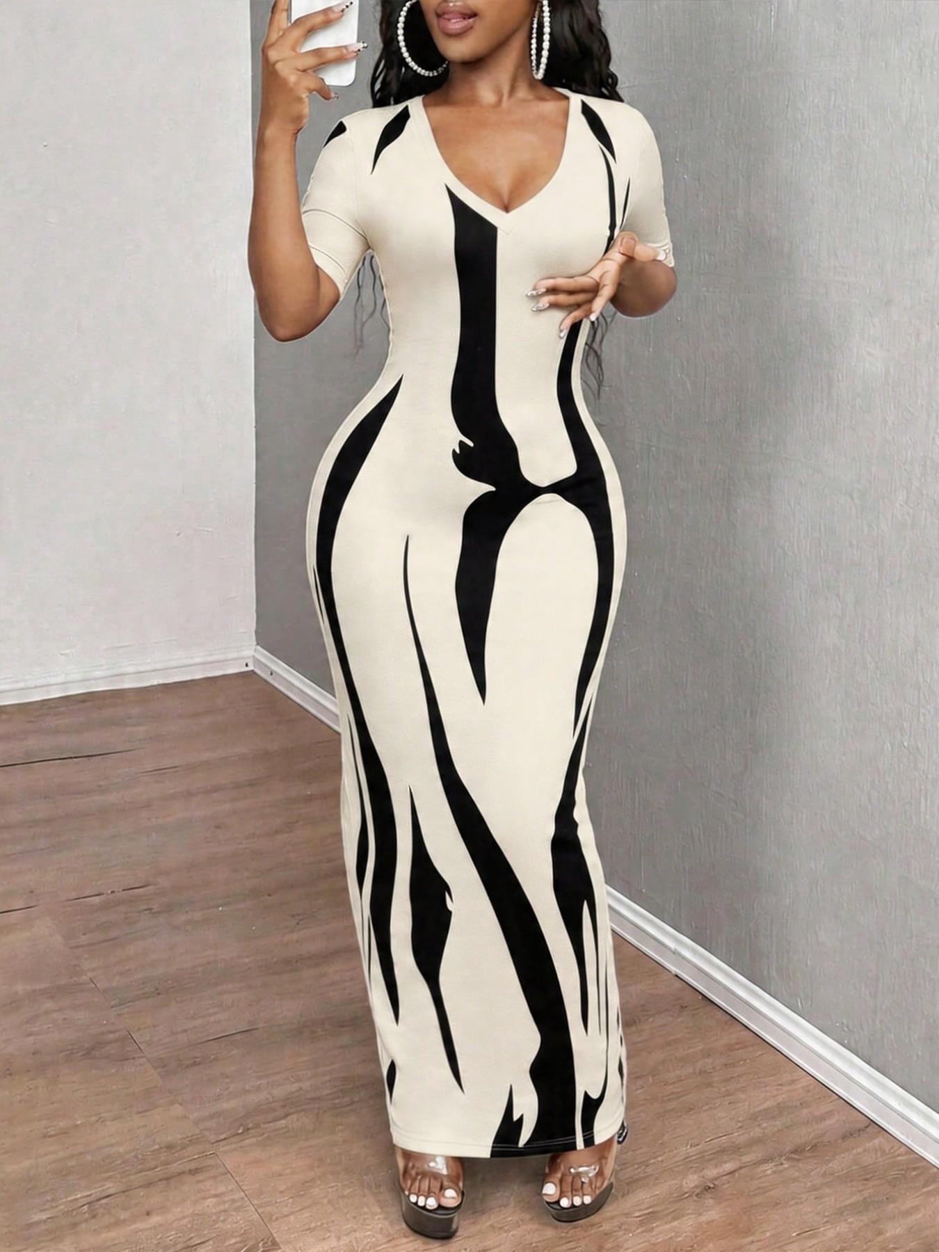 Women's Fashion Slim-Fit Bodycon Cut Printed Unlined Short-Sleeve Long Dress, Elegant All-Over Print, All-Season Wear