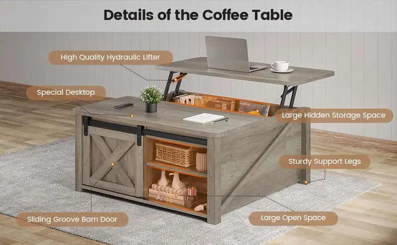 Sikaic 31.5" Lift Top Coffee Table with Storage, Farmhouse Square Coffee Table with Large Hidden Storage Compartment, Adjustable Shelves, Center Table for Living Room, Grey, Home Furniture Christmas Gifts [TiktokShopFallDealsForYou]