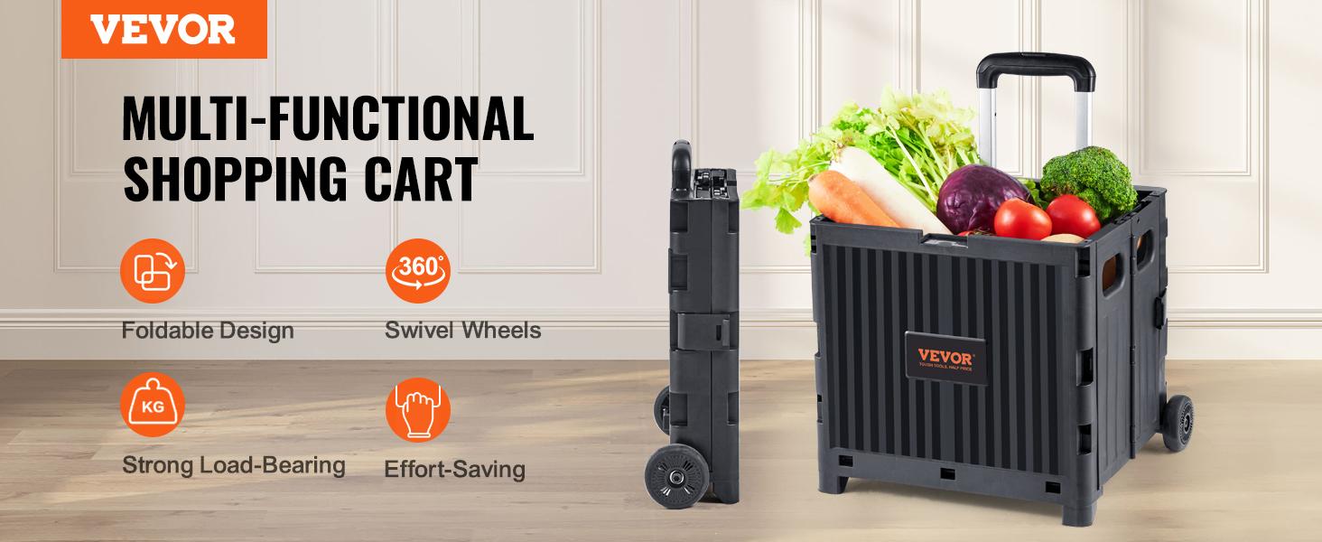 VEVOR Foldable Utility Cart, 110 lbs Load Capacity, Folding Portable Rolling Crate Handcart with Heavy Duty Telescoping Handle and 4 Rotate Wheels for Travel Shopping Moving Luggage Office Use, Black