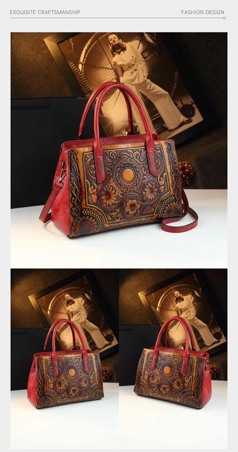 Vintage Tannery Craft Embossed Handbag, Traditional Floral Pressed Large Capacity Commuter Bag, Mom Style Shoulder Crossbody Bag