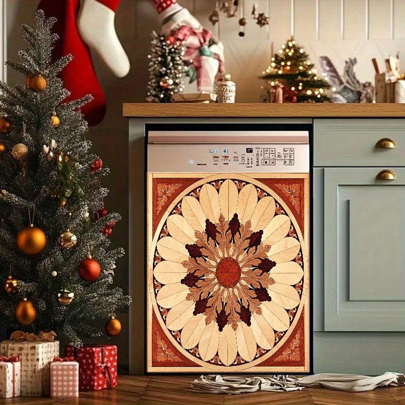 2D Flat 2Pcs Dishwasher Front Panel Cover Decal Sticker Wooden Mandala Sunburst Pattern Kitchen Appliance Decorative Stickers Waterproof PVC Home Decor for Refrigerator Washing Machine Furniture Makeover Boho Rustic Style