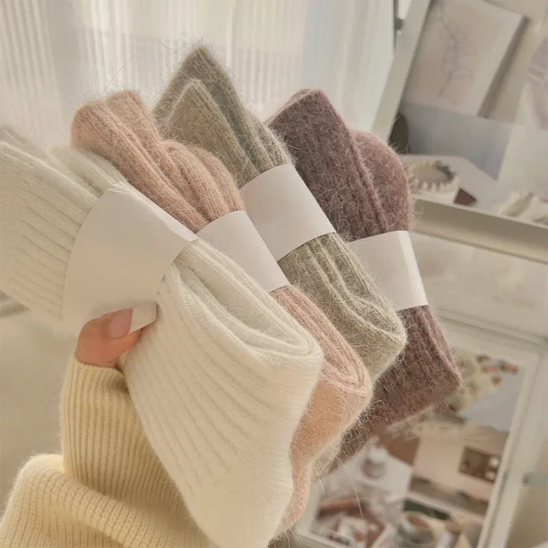 Women’s Winter Thickened Thermal Piled Tube Socks, Soft Vertical‑Pattern Solid‑Color Japanese Style Mid‑Calf Stockings, Cozy Warm Sleep Socks, Breathable Comfortable Casual Home Loungewear Socks For Cold Weather Daily Wear