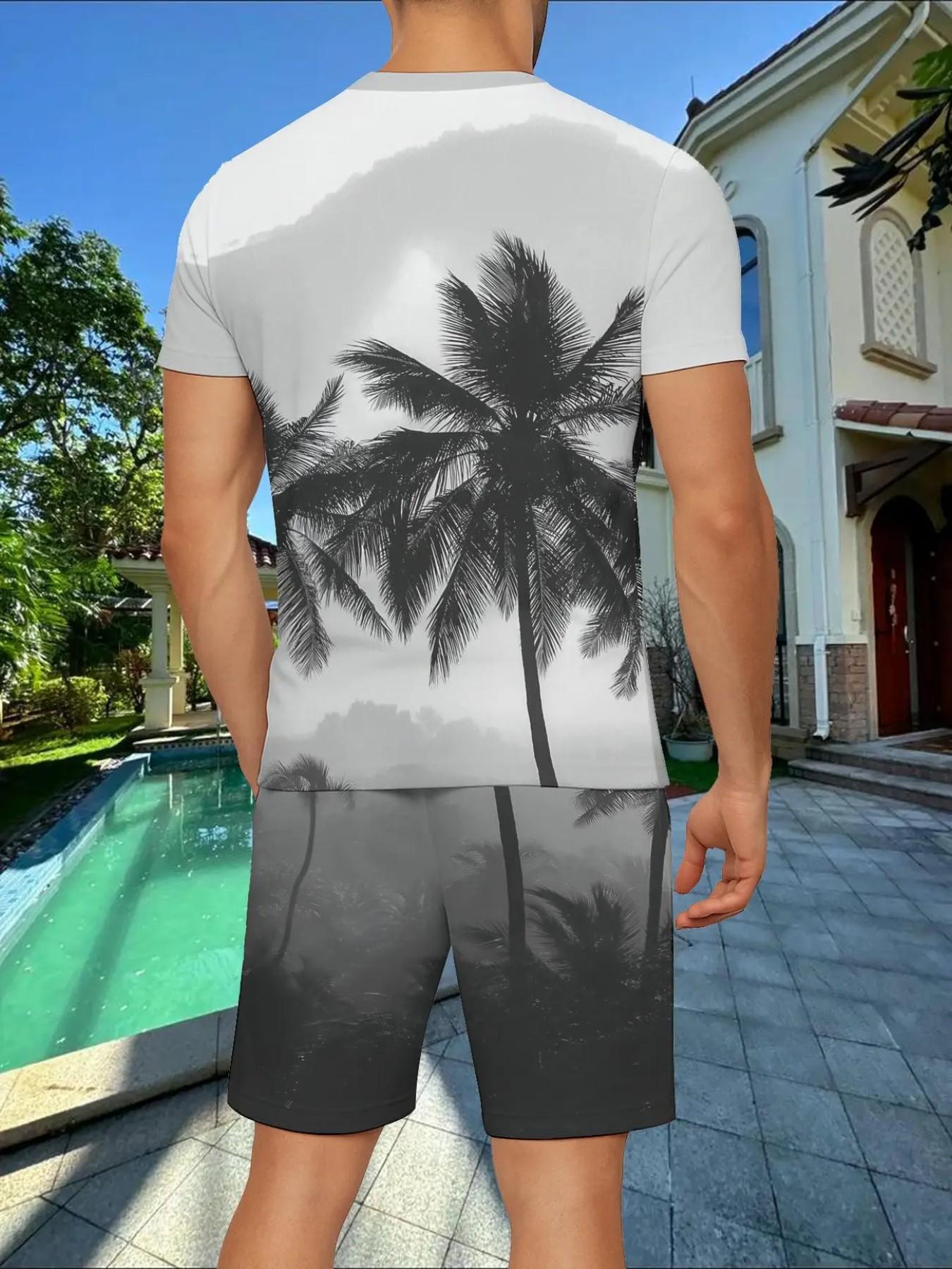 Men's Summer Casual 3D Coconut Tree Set, Lightweight Polyester, Round Neck, Short Sleeve Shorts, Dynamic Color Design