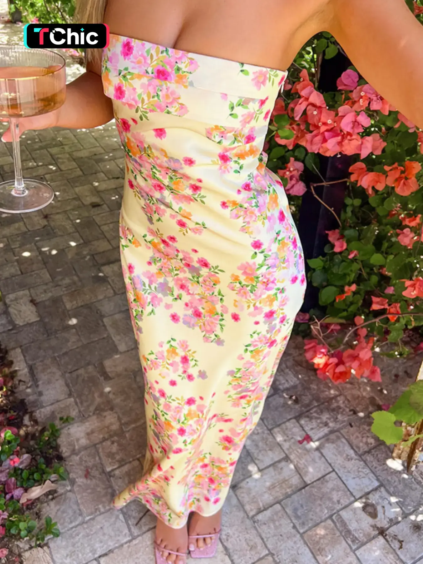 Women's Floral Print Tube Dress, Elegant Sleeveless Long Dress for Party Holiday Wedding Guest, Ladies Summer Clothes, Dresses to Wear to a Wedding, Beach Wedding Dress