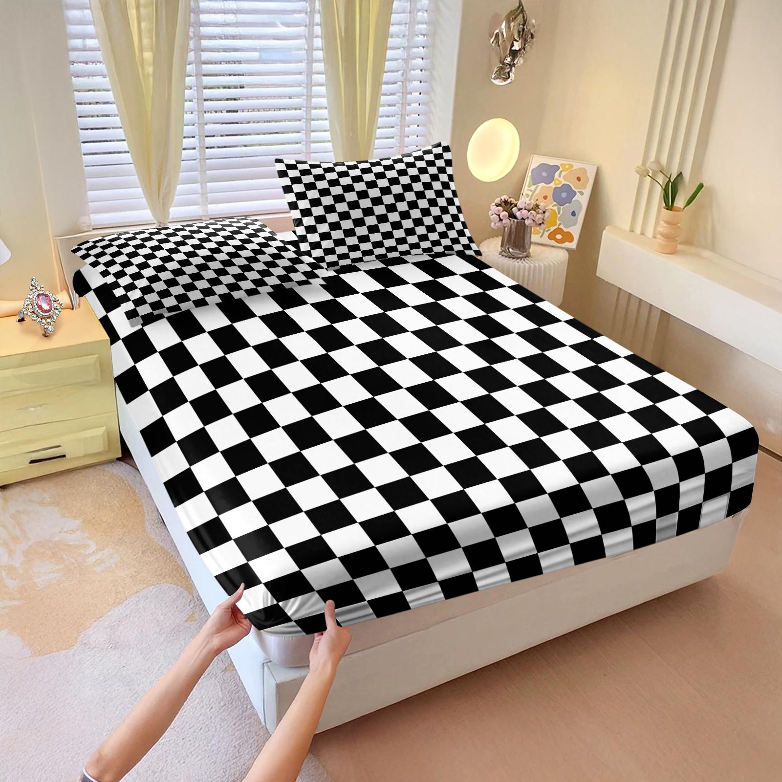 3 Pcs Geometric Plaid Print Fitted Sheet Set, Modern Minimalist Bedding Set, Soft Breathable Microfiber with HD Digital Print, Deep Pocket & Wrinkle Resistant, Ideal for Bedroom, Dorm, Guest Room, All Season Use