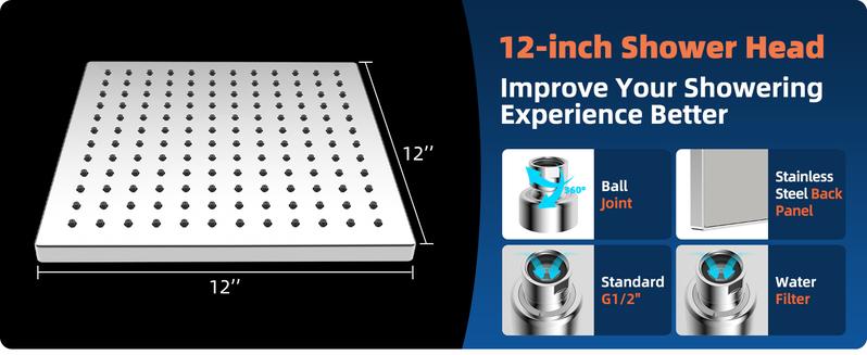 Hibbent Thickness Metal Rain Shower Head, 12 Inch High Pressure Shower Heads, Square Large Bathroom Rainfall Shower Head with Adjustable Brass Ball Joint, Waterfall Full Body Coverage, Chrome
