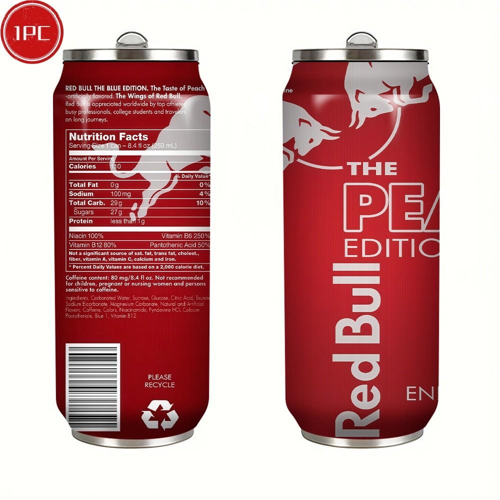 1pc 17oz Red Bull Peach Edition Vacuum Insulated Mug, Portable Stainless Steel Cup with Lid, Ideal Sports & Coffee Mug for Family Friends, Great for Camping, Outdoor & Holiday Gifts