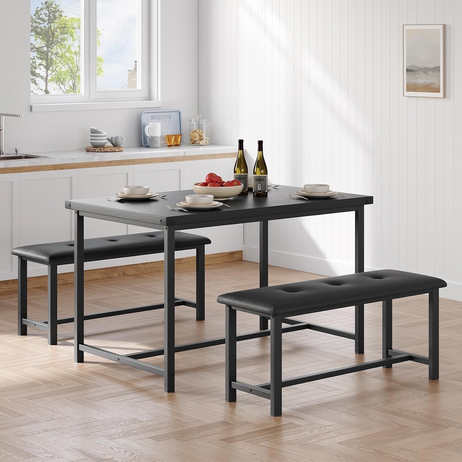 3-Piece Dining Table Set for 4 People, 44" Space Saving Kitchen Table with 2 Benches, Industrial Rectangular Dining Room Table Chairs Set