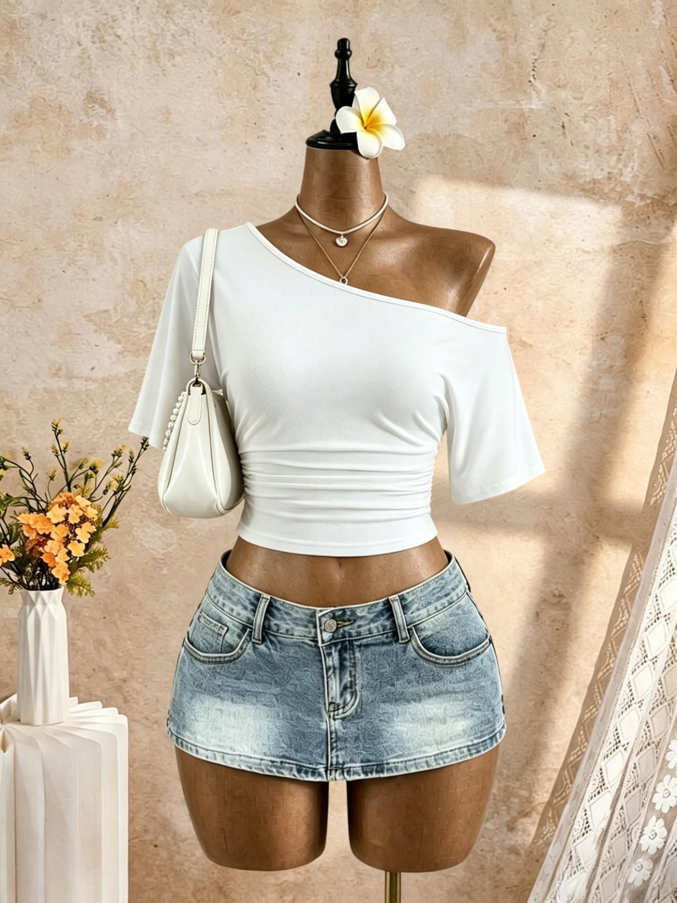 3-Pack Asymmetrical Shoulder Pleated Mid- Sleeve Short T-Shirts, Streetwear Date Wear, Show Waist Slimming Top, Trendy Ladies' Clothing, Casual Chic, Casual Daily Tops