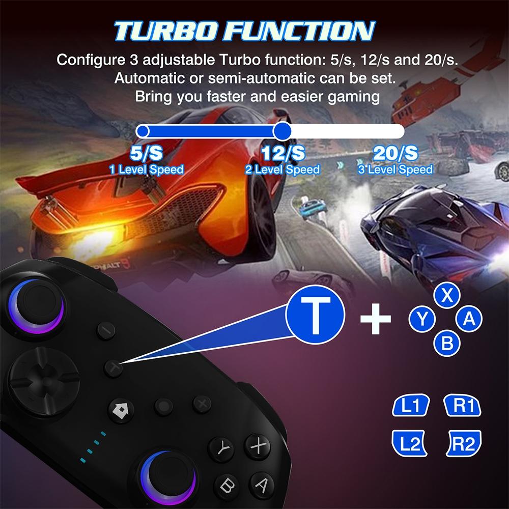 Wireless Bluetooth-compatible Game Controller, Four Vibration Modes, RGB Light Effect, Turbo Function, Six-Axis Gyroscope, Suitable for Switch, PC, Android, and i0S devices, Esports, multifunctional game controller, Wireless Gaming Controller