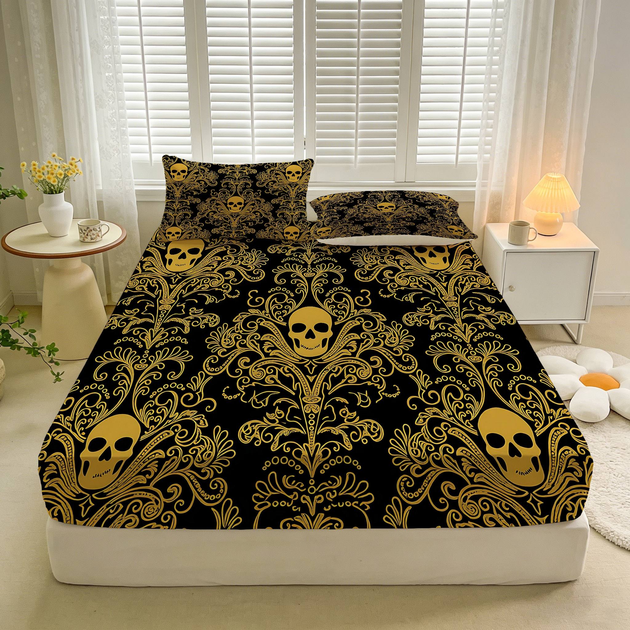 2/3 Pcs Skull Decorative Art Pattern Fitted Sheet Set(1*Fitted Sheet+1/2*Pillowcase,No Filling),High-Definition Digital Printing,Soft And Comfortable Fabric,Suitable For All Year Round,Perfect Gift For Family And Friends On Festivals!