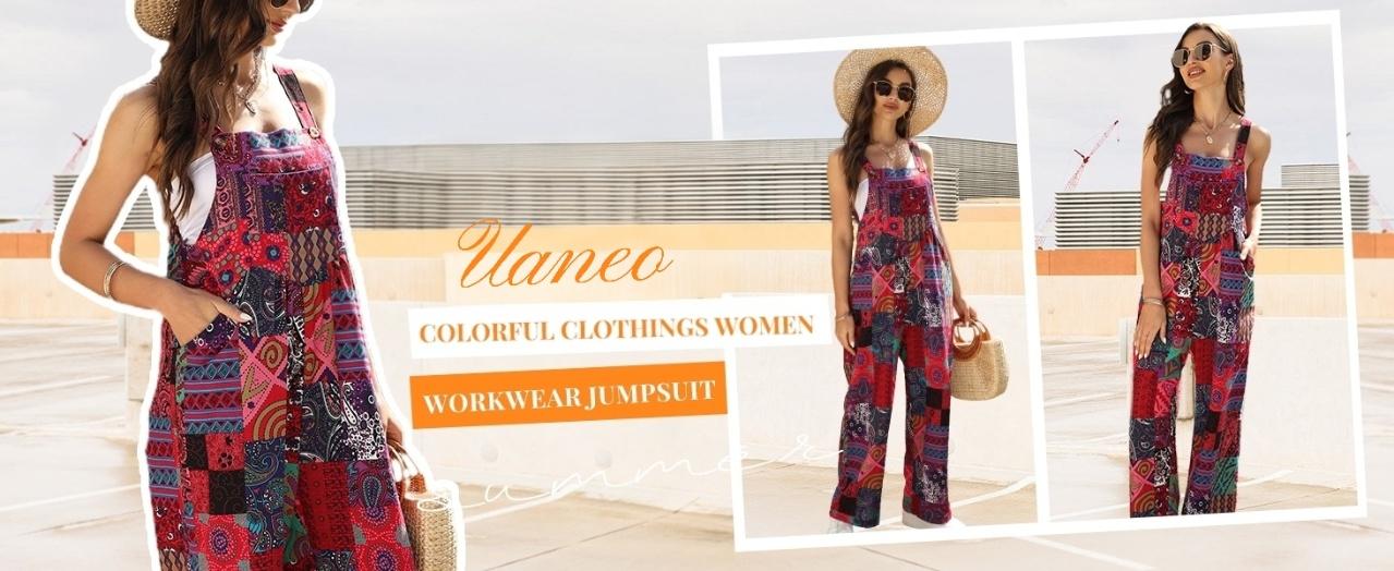 UANEO Women's Patchwork Dual Pocket Jumpsuit Loose Floral Print Bohemian Wide Leg Bib Overall Casual Womenswear Printed