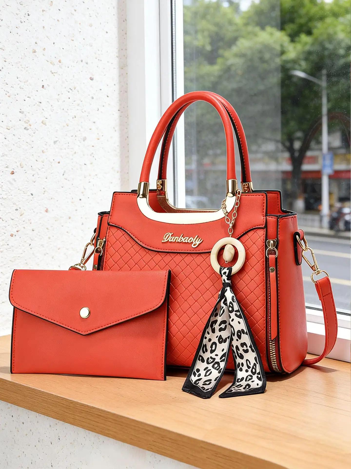 Elegant Women's Handbag Set, High-Quality Diamond Weave Design, Leopard Print Scarf Decoration, Large Capacity Shoulder Bag