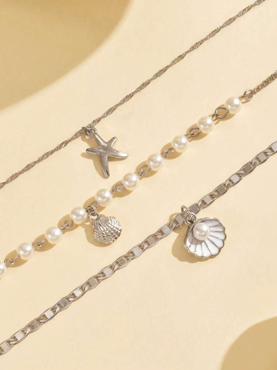 3pcs Summer Bohemian Style Multi-Color Faux Pearl Multi-Layer Necklace Set With Shell Pendant, Suitable For Beach, Travel, Daily Decoration, Outfit Matching, Dating, Party, Holiday Gift For Women