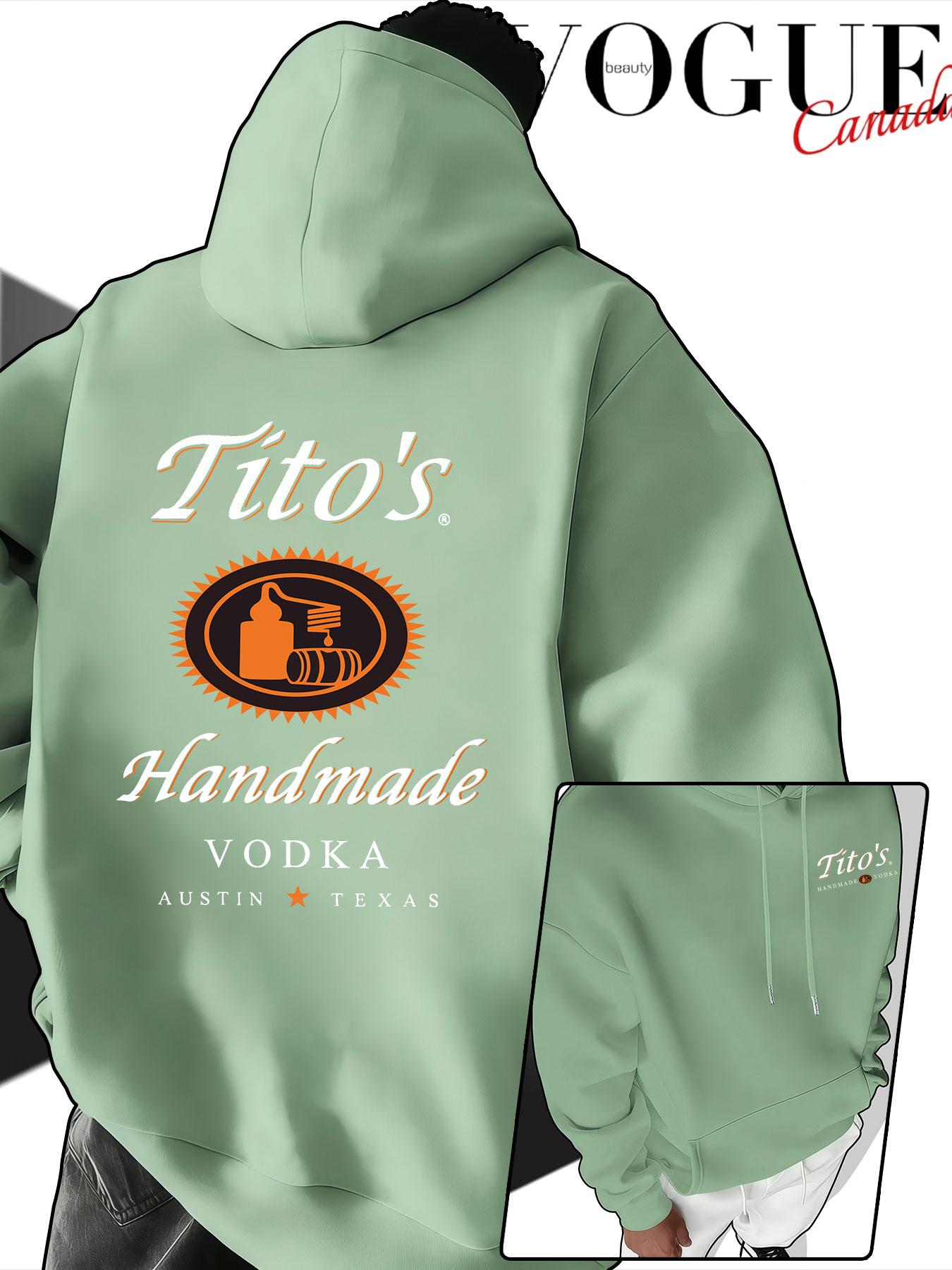 Men's Hooded Sweatshirt Fall & Winter, Tito's Handmade Vodka Print, American Vintage Loose Fit, Couples' Drop Shoulder Pullover