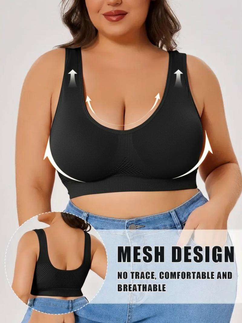 Plus Size Women's Seamless Wireless&Comfort Bra, Backless Mesh Crop Top, Casual Wearable Underwear,Soft and  Breathable Bra,No Padding,Every day Wear,All seasons