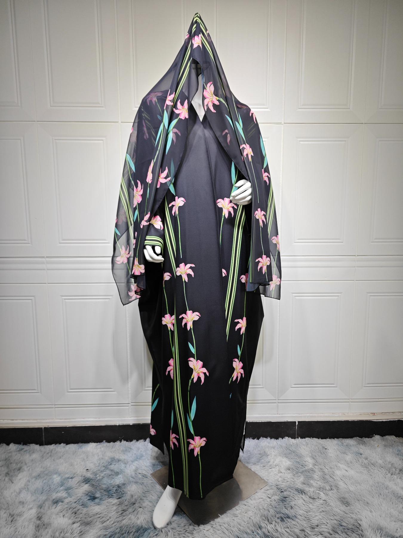 Women's Floral Print Long Sleeve Abaya Set with Hijab, Elegant Casual Islamic Clothing for Daily Wear, Suitable for All Seasons