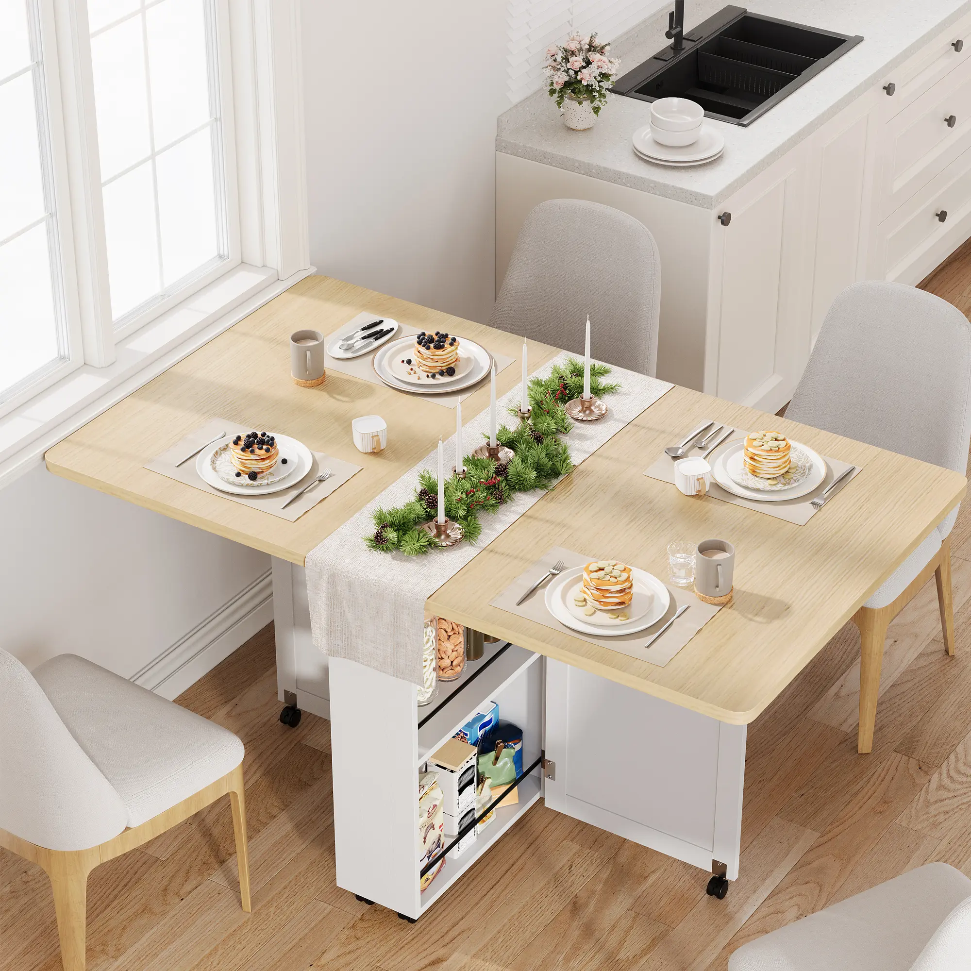 Garvee Space-Saving Folding Dining Table with Storage - Drop Leaf Kitchen Table on Wheels - Extendable White Wood Compact Table, 6 Casters, Drawer & Shelves