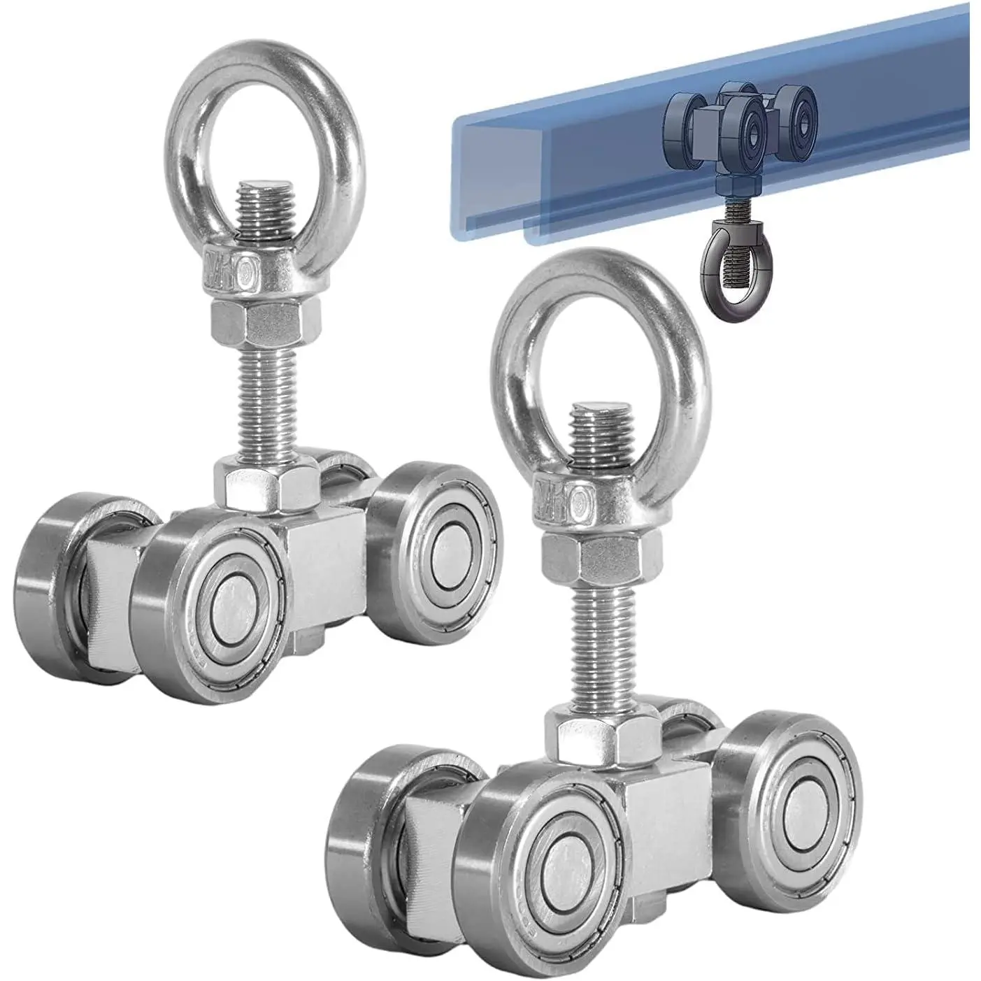 4 Wheel Silent Trolley Assembly Rollers Four Bearing Trolley Assembly for 1-5/8" Wide and  1-5/8" or Taller unistrut Strut  with M10 Bolt and Lifting Eye Nuts