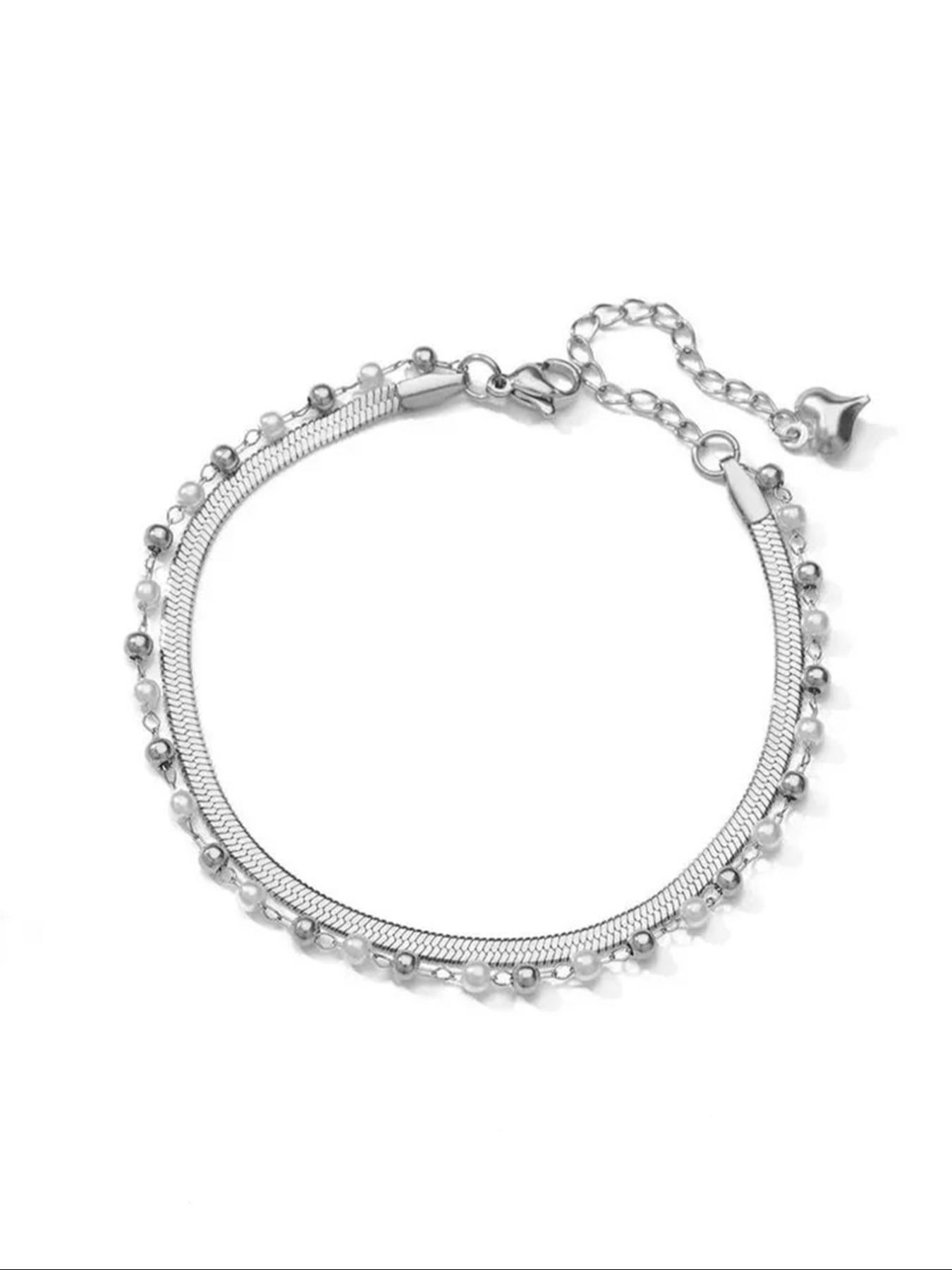 1 Pcs Imitation Pearl Round Bead Layered Anklets for Women Sainless Steel Summer Beach Flat Snake Chain Leg Chain Ankle Bracelet Femme Fashion Waterproof Jewelry,Perfect Gifts for Birthday,Party,Wedding,Anniversary,Mother's Day,Vacation,Daily