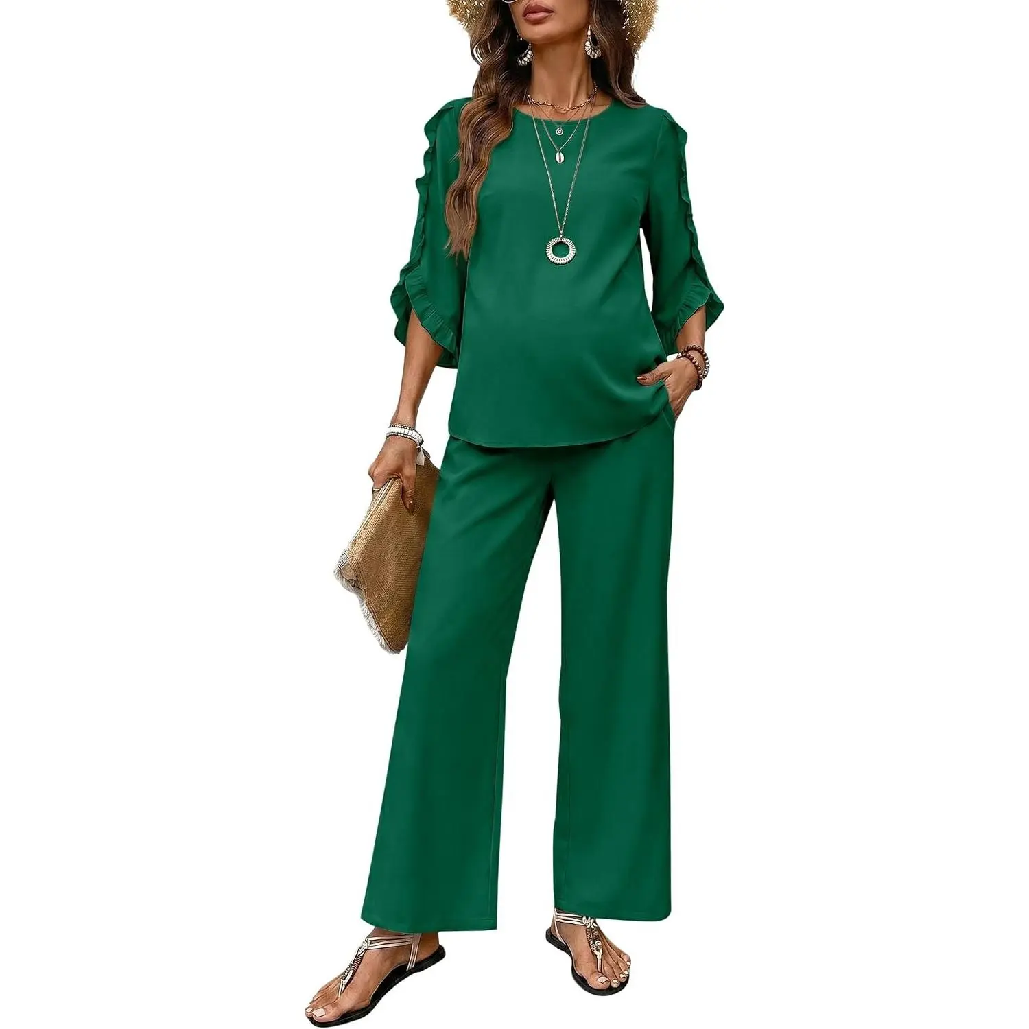 Women's Maternity 3/4 Ruffle Sleeve Two Piece Lounge Set Business Casual Pregnancy Office Outfits with Pockets